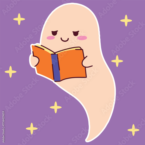 A cute ghost with a white outline absorbed in reading an orange book on a purple background with stars.