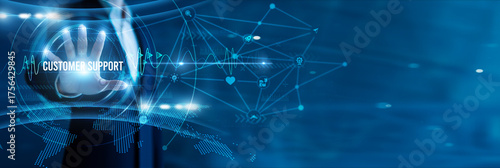 Fotomural Businessman hand hold text customer support, helpdesk solutions, technical assistance, query resolution, 24/7 service, omnichannel communication, and client engagement