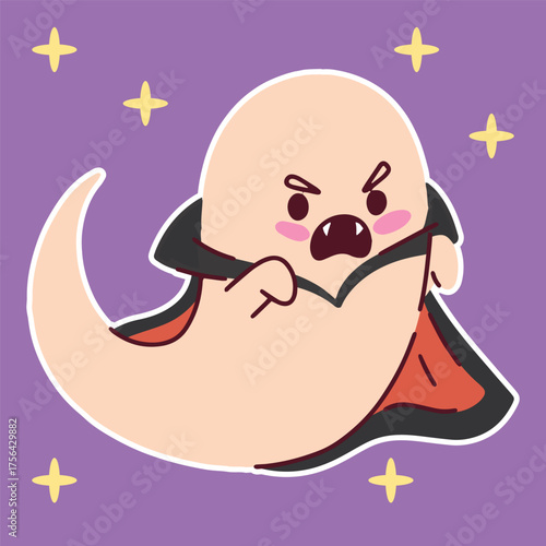 An angry ghost wearing a vampire cape and fangs trying to be scary on a purple background with stars.