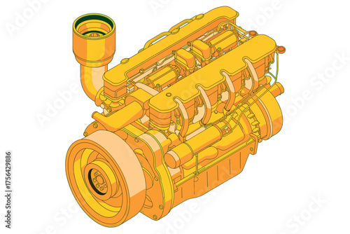 Detailed yellow internal combustion engine mechanical component for automotive and industrial applications
