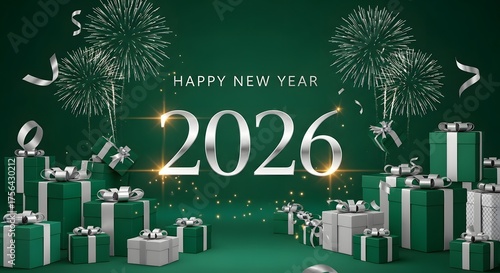 Wallpaper Mural “Happy New Year 2026 Celebration with Fireworks and Gift Boxes – Festive Holiday Background in Green and Silver” Torontodigital.ca
