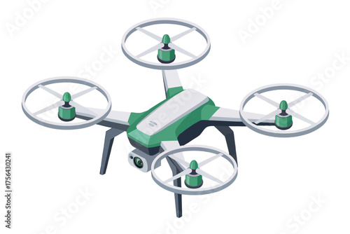 Modern teal and white quadcopter drone with four propellers and camera for aerial photography and videography