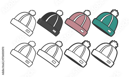 Beanie Hat Color Pack  Minimal Flat Vector Set illustration, Cap mockup, winter cap, easily editable.