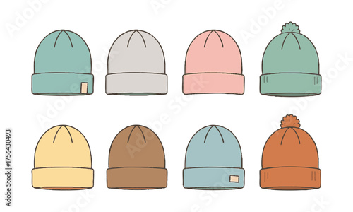  Warm Winter Caps — Clean Outline Beanies in Assorted Colors Vector illustration, Cap mockup, winter cap , easily editable.