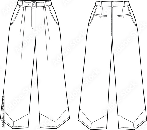 Technical flat sketch vector illustration of high-waisted wide-leg trousers with pleats and deep turn-up cuffs, front and back view for fashion design and clothing pattern templates.