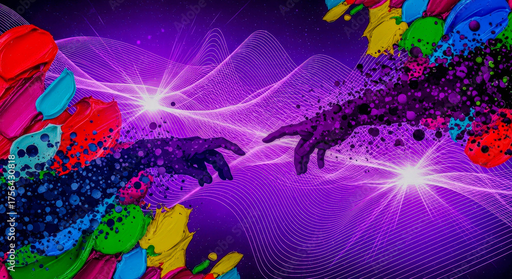 Fototapeta premium Touching hands with colorful paint brush strokes and digital wave lines. Art and technology fusion for creative design background.