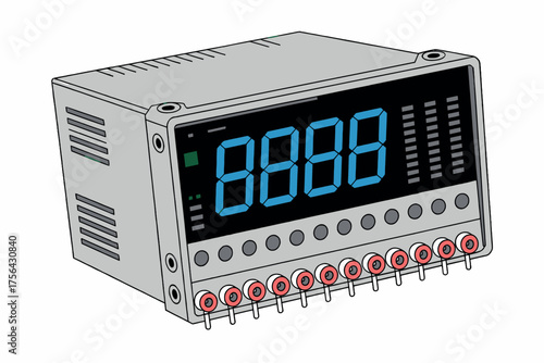 Modern digital display device with bright blue numbers and various control buttons