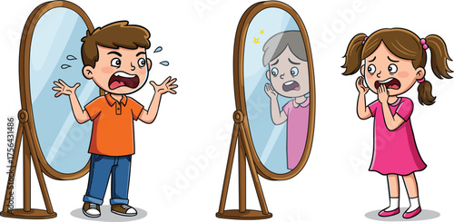 Children surprised by mirror reflection, cartoon identity switch scene, expressive emotion, surreal transformation, gender reversal, wooden mirror illustration