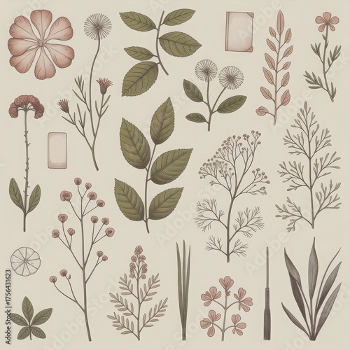 Botanical illustrations featuring hand-drawn plants, framed sketches, and book pages. Editorial floral illustrations for wallpaper, stationery, or print design.