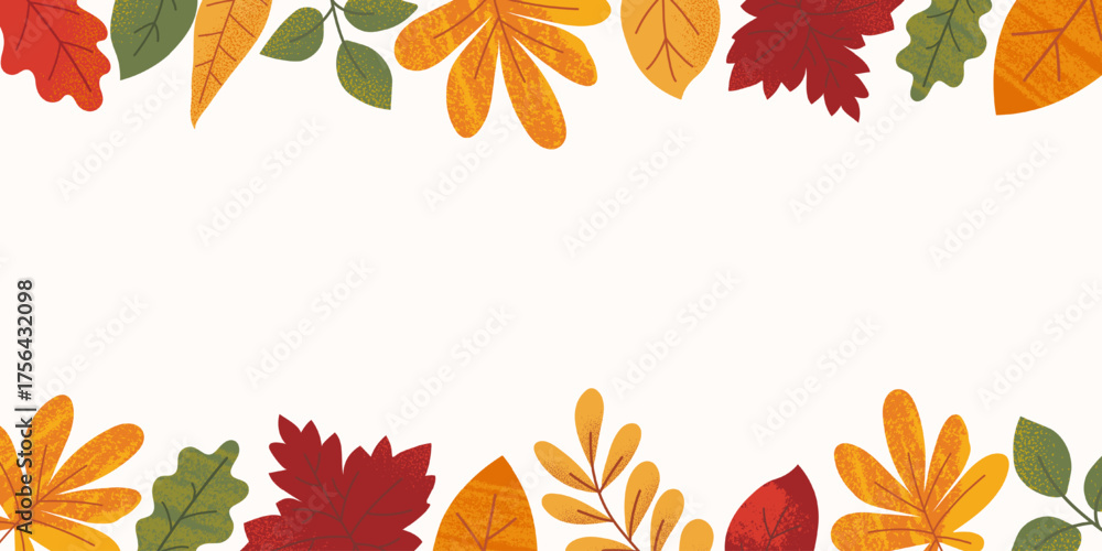 Fototapeta premium Horizontal autumnal festive background decorated different colorful leaves with grunge texture effect. White backdrop for text. Use for sale, advertising, invitation, etc.