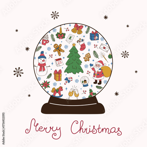 Celebration square card with shape of Christmas ball filled festive elements and typography. Flat vector illustration. Perfect for social media, invitation, cover, background