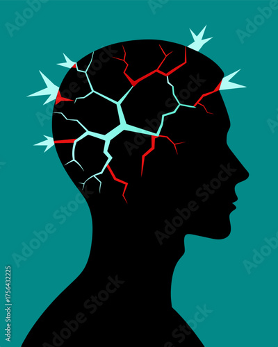 A silhouette of a person with a cracked and damaged brain symbolizing the effects of extreme mind control.. Vector illustration