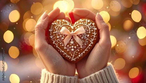 Two hands gently hold a heart-shaped gingerbread cookie decorated with white icing and a pink ribbon, set against a bokeh background of warm lights.