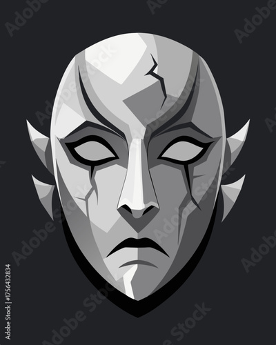 A silver mask with a serene expression but as it fractures the true anguish and malice of the wearer comes to light.. Vector illustration