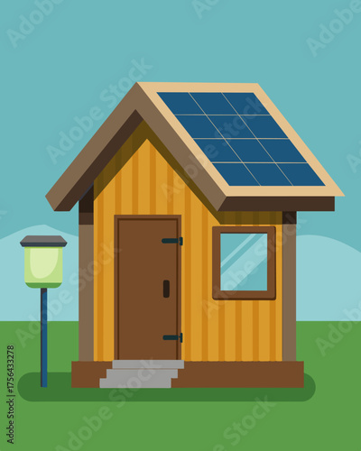 A remote campgrounds restroom with solar panels built seamlessly into the rustic wooden roof providing clean and sustainable facilities for campers.. Vector illustration