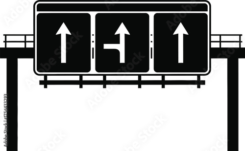 Overhead directional road sign isolated on white background indicates lanes and directions for highway traffic to navigate safely