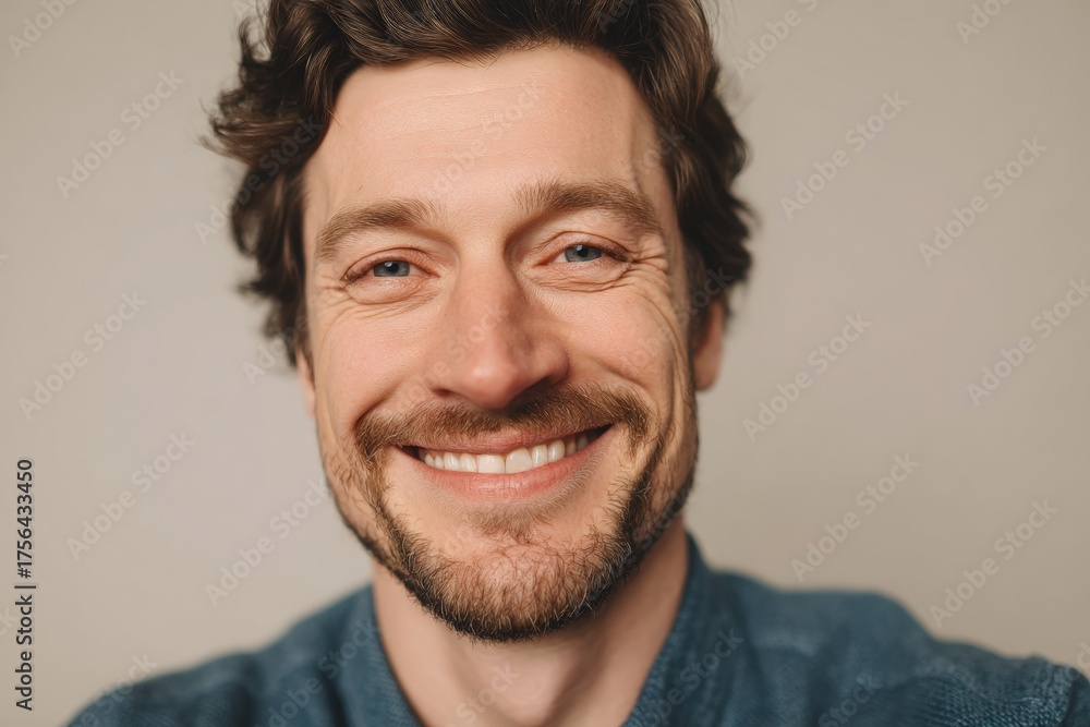 Obraz premium Smiling Man Recording Selfie Video on Neutral Background for Corporate Use