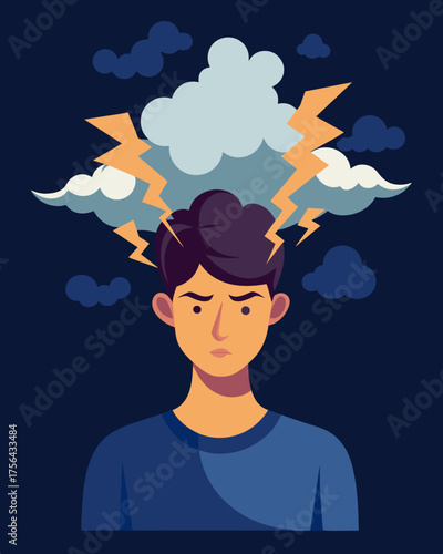 A storm of thunder lightning and ominous clouds spewing out of a persons head symbolizing their inner turmoil caused by stress.. Vector illustration