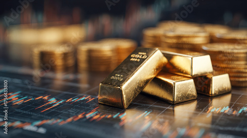 gold bars and stacked coins lie atop a financial graph, symbolizing wealth, investment, and the fluctuating value of precious metals in the global market