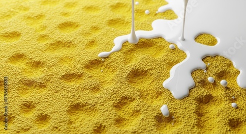 White liquid pouring onto yellow textured surface