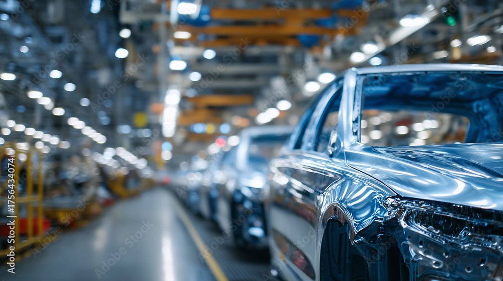 Busy automotive production line, close-up of robots and human workers coordinating on car assembly, polished car bodies gleaming, conveyor system stretching into soft-focus backgro