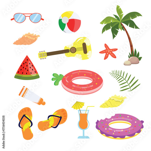Set of summer vacation symbols in cartoon style. Vector illustration: glasses, shells, ball, palm tree, piece of watermelon, guitar, starfish, inflatable rings, sunscreen, flip flops, cocktail.