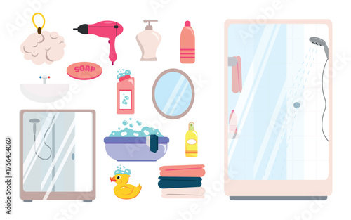 Set of equipment, bathroom items in cartoon style. Vector illustration: shower cabins, washcloth, soap, washbasin, hairdryer, mirror, folded towels, bottles of cosmetics, foam, children's toy duck.