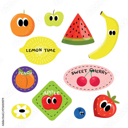 Set of funny fruit characters, stickers in cartoon style. Vector illustration of fruits with eyes: orange, apple, watermelon, lemon, peach, cherry, blueberry, strawberry isolated on white background.