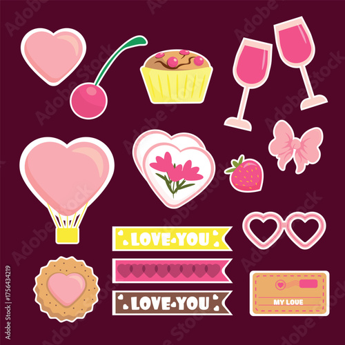 Set of stickers for Valentine's Day in cartoon style. Vector illustration: hearts, cherry, cake, glasses, hot air balloon, strawberry, bow, glasses, cookies, bookmarks isolated on burgundy background.