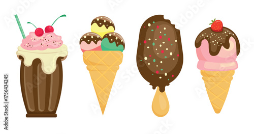Set of cool, sweet ice creams in cartoon style. Vector illustration: ice cream with cherry, strawberry, three scoops in a waffle cup, popsicle on a stick covered with chocolate glaze, sprinkled.