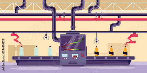 Vector illustration of a modern factory interior with an automatic conveyor. Cartoon scene of an automated production process with robotic arms, machine device, bottles on a conveyor belt, pipes.
