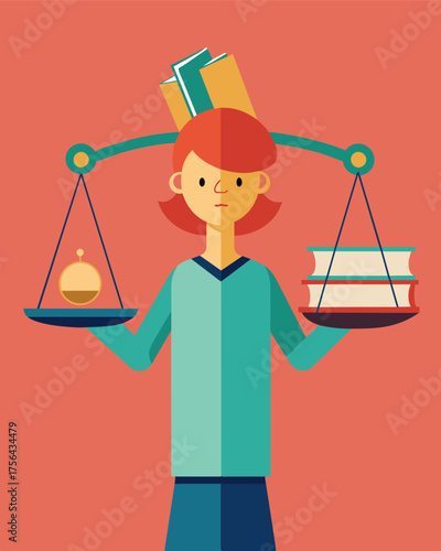 A person trying to balance two books on their head one with supportive arguments and the other with opposing arguments representing the strain of trying to hold onto contradictory. Vector illustration