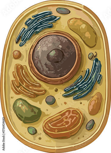 A colorful stylized illustration of an animal cell showing its internal organelles, including the nucleus, Golgi apparatus, mitochondria, and endoplasmic reticulum, designed for educational and scient