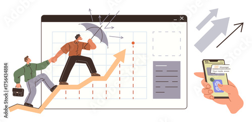 Two individuals collaborating to climb an upward graph, using an umbrella for protection. A smartphone displays financial monitoring. Ideal for teamwork, growth, investment, digital finance