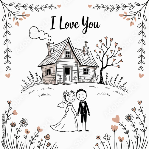 A couple's Loveland: A drawing depicts the heartwarming scene of a couple hand-in-hand in front of a cozy cabin, symbolizing love and togetherness. I Love You is written.