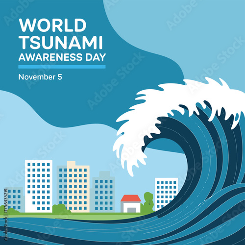 Vector art of world world tsunami awareness day,tsunami awareness day on november 5th, with a giant wave approaching a city skyline