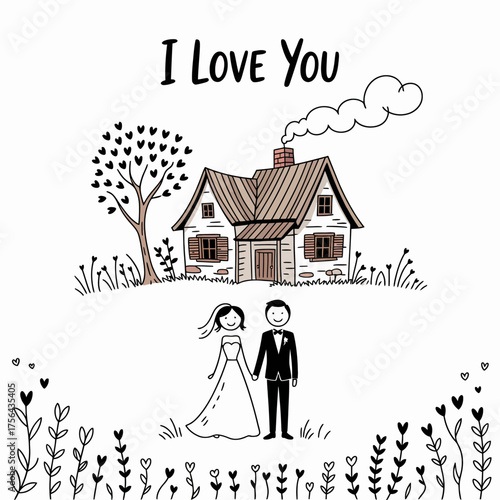 Home is Where the Heart Is: A tender depiction of a newlywed couple standing hand-in-hand before their dream home, with the words I Love You inscribed above.
