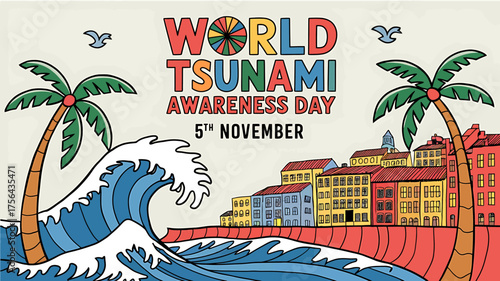 Vector art of world world tsunami awareness day,tsunami awareness day illustration with large waves crashing near a coastal town on november 5th