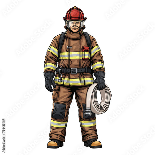 Firefighter in Uniform Holding Hose Vector