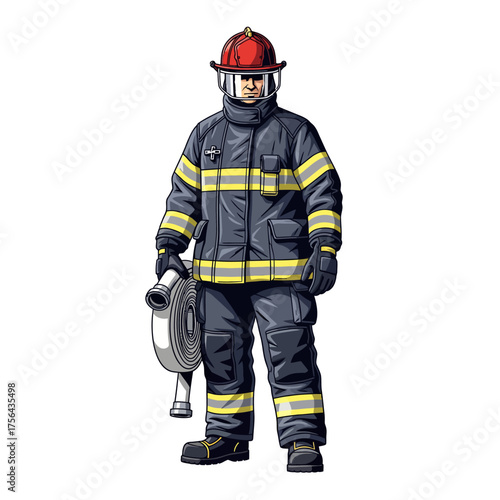 Firefighter in Uniform Holding Hose Vector