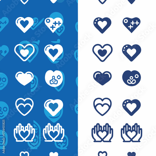 Collection of heart icons in various styles on a split blue and white background with distinct designs