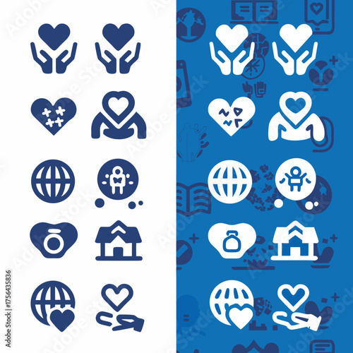 Collection of charity and love themed icons featuring hearts hands and globes in a split color style