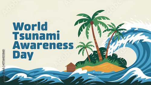 Vector art of world world tsunami awareness day,tsunami awareness day with palm trees on an island and large ocean wave