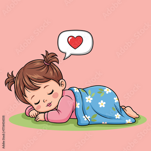 Sweet cartoon baby girl sleeping peacefully on green grass dreaming of love and hearts vector illustration