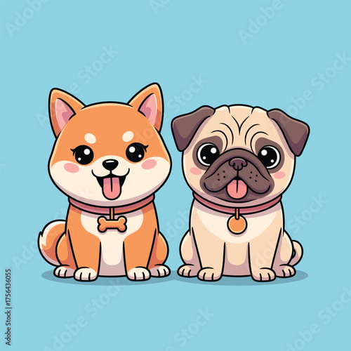 Adorable cartoon shiba inu and pug puppies sitting together with happy expressions vector illustration