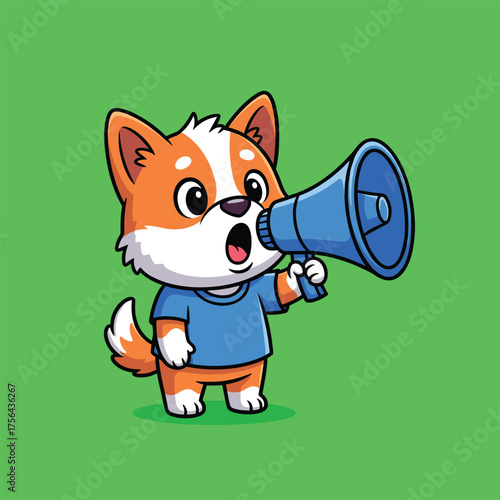 Cute cartoon shiba inu dog wearing a blue shirt shouting through a megaphone vector illustration