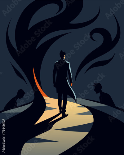 A seemingly gentle person walked in the shadows their dark silhouette betraying the twisted thoughts and hidden schemes of another personality within.. Vector illustration