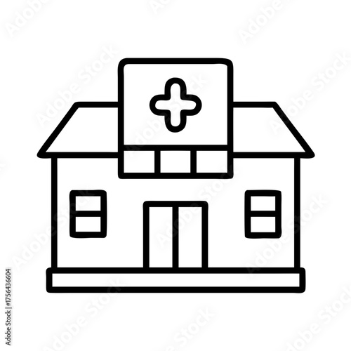 Vector art of a simple black and white line illustration of a hospital structure with a medical cross, isolated on a, signifying healthcare services and facilities