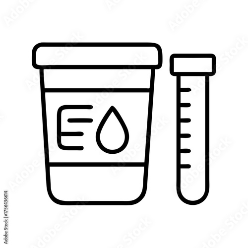 Vector art of line icon of a specimen cup and a test tube isolated on a, representing medical testing and analysis
