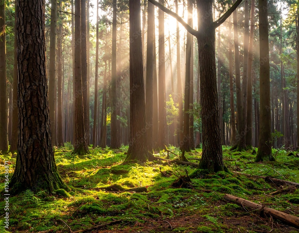Fototapeta premium Sunbeams pierce a tranquil forest canopy, illuminating the mossy floor and tall trees